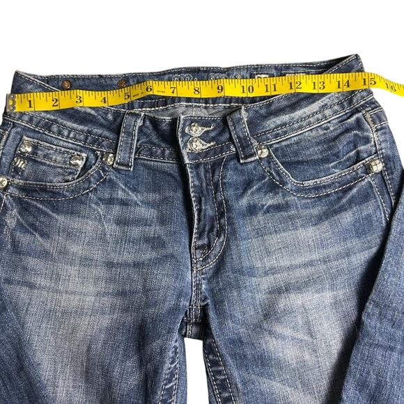 Miss Me Size 29x30 Navy Blue Bootcut Jeans with Rhinestone Fleur de Lis Pockets - Picture 5 of 7